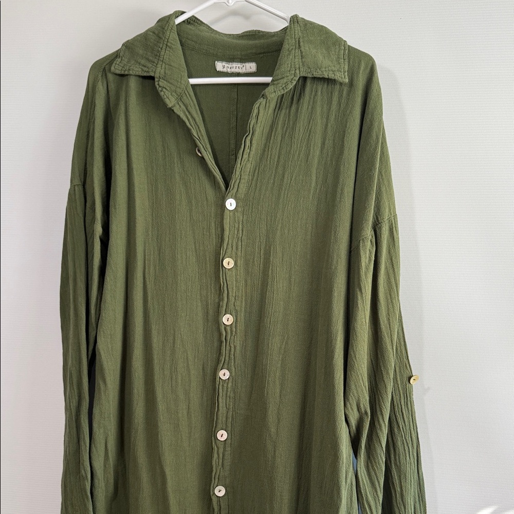 Women's Linen Olive Green Button-Up Shirt Dress